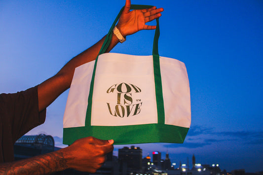 GOD IS LOVE TM White and Green Totes